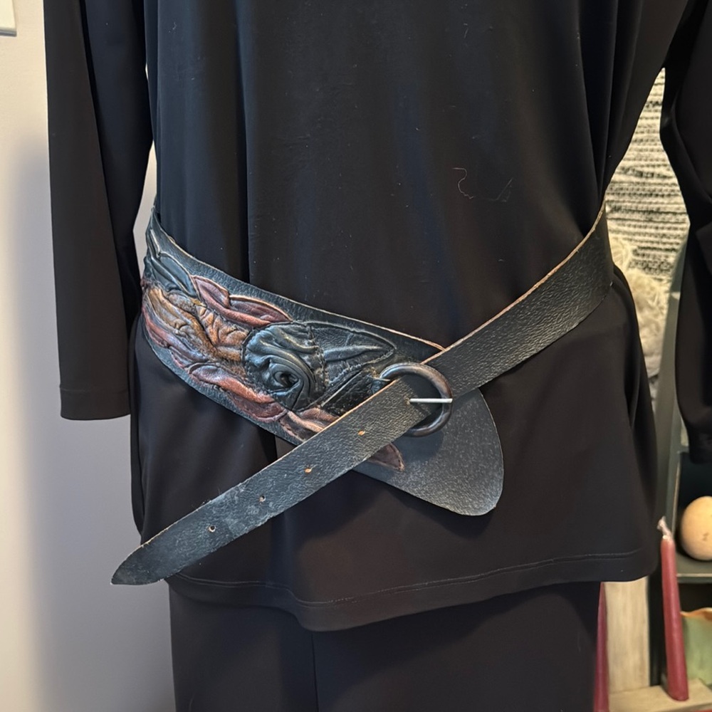Black Leather Belt with Artistic Design